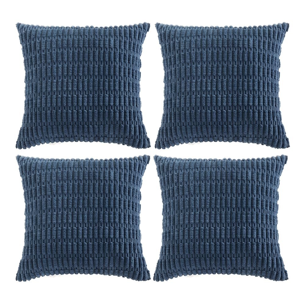 Fancy Homi 4 Packs Dusty Blue Decorative Throw Pillow Covers 16x16 Inch for Living Room Couch Bed Sofa, Rustic Farmhouse Boho Home Decor, Soft Plush Striped Corduroy Square Cushion Case 40x40 cm