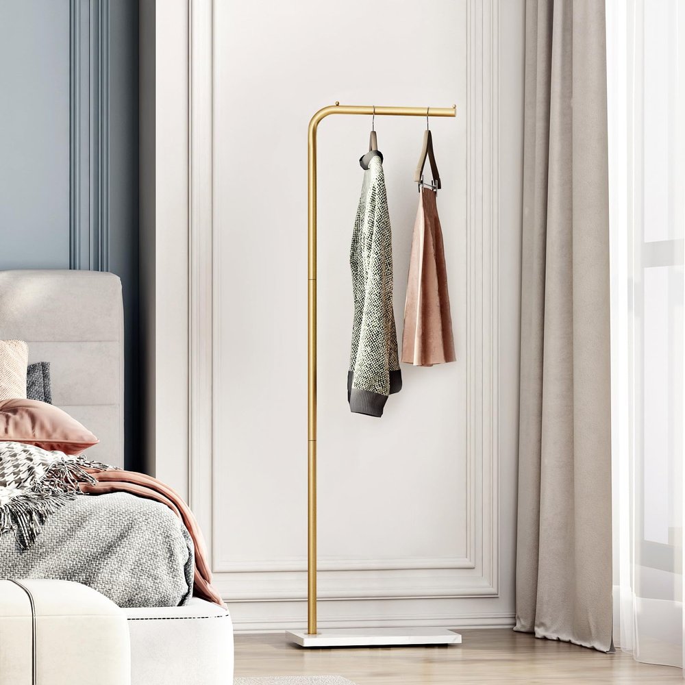 Smlttel Metal Gold Coat Racks, Standing Coat Rack with Heavy Base, Modern Coat Tree with Crossbar and 3 Hooks, Entryway Coat Racks for Handbags, Clothing.(59inch)