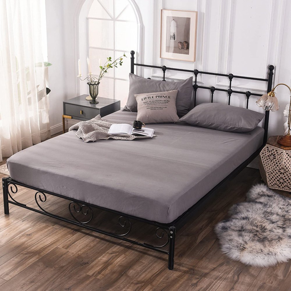 FCLDESHOP Soft Sheet,Easy Care Bottom Sheet,5 Sides Waterproof Brushed Waterproof Fitted Sheet, Bedroom Hotel Solid Color Urine-Proof Mattress Cover Bedspread,Dark Grey,Full 137 * 190cm+35cm
