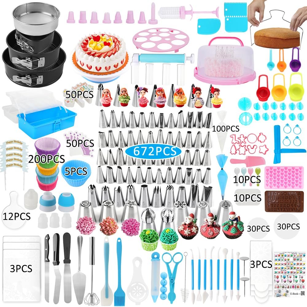 ake Decorating Kit, 672 Pcs Cake Decorating Supplies With Cake Carrier Holder Springform Pan Sets 3-Layer Toolbox Organizer Icing Piping Nozzles Cake Rotating Turntabl Baking Supplies Set Tools