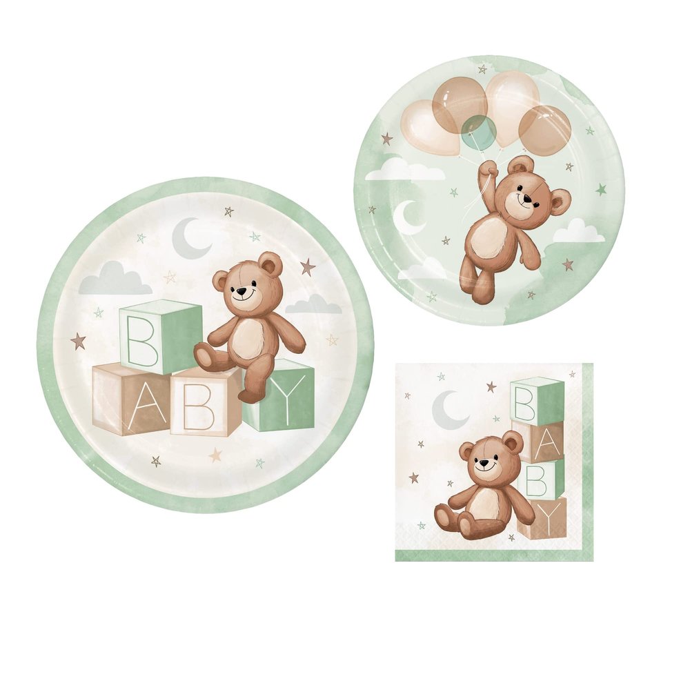Teddy Bear Themed Baby Shower Party Supplies | Includes Paper Plates and Napkins for 8 People