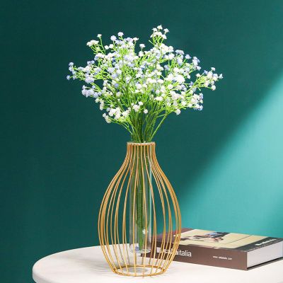 Metal Frame Vase Geometric Glass Flower Vase, Lantern Shape Glass Test Tube Vase, Modern Creative Clear Tube Glass Planter Terrariums with Geometric Metal Stand for Decor Office Home (Golden A)