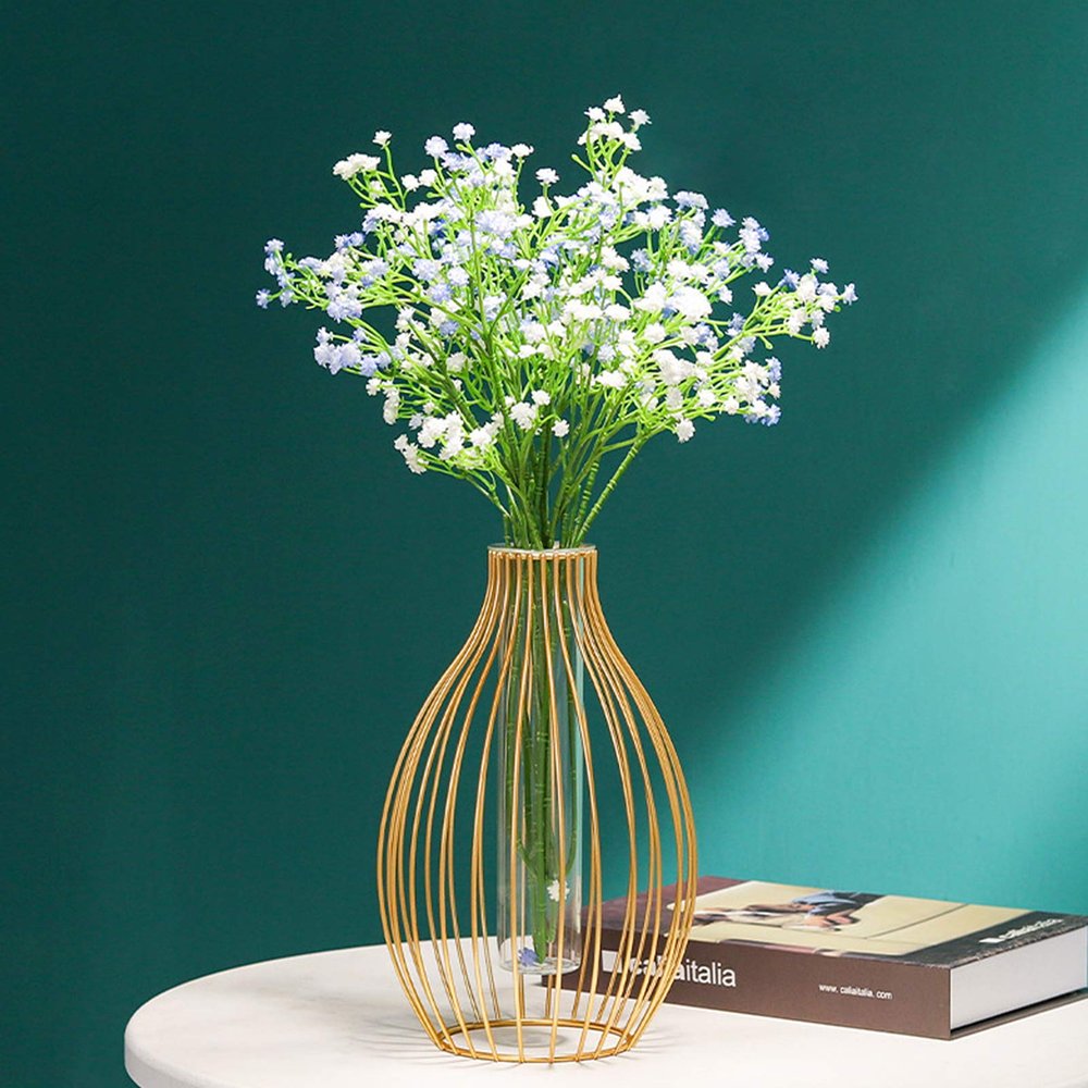 Metal Frame Vase Geometric Glass Flower Vase, Lantern Shape Glass Test Tube Vase, Modern Creative Clear Tube Glass Planter Terrariums with Geometric Metal Stand for Decor Office Home (Golden A)