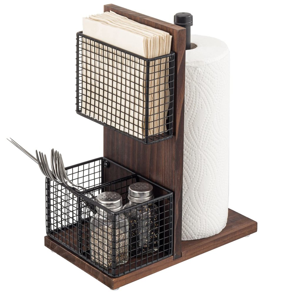 MyGift 3-in-1 Kitchen Organizer with Paper Towel Holder, Napkin Holder & Spice Rack - Rustic Wood & Industrial Metal Pipe Caddy for Farmhouse Dining Table