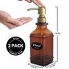 LMQML Soap Dispenser - 2 Pack, Antique Design Thick Amber Glass Hand Soap Dispensers with Sturdy Tray; 304 Rust Proof Stainless Steel Black Pump, 12Pcs Stickers, for Kitchen, Bathroom - Brushed Gold view 3