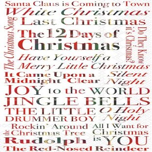 IHR Ideal Home Range Dinner Napkins Disposable 3-Ply Paper Hand Towels, 8.5" x 4.5", Christmas Songs, 16-Count