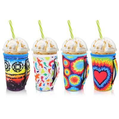 AJLTPA 4Pack Reusable Iced Coffee Sleeve Insulator Sleeves for Cold Drinks Beverages, Neoprene Cup Holder for Most Coffee, Fits 22-24oz Medium Cups (Tie dye with Handle)