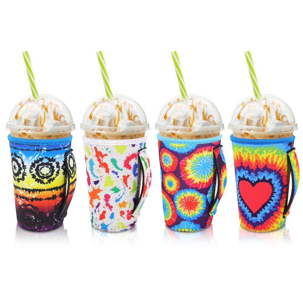 AJLTPA 4Pack Reusable Iced Coffee Sleeve Insulator Sleeves for Cold Drinks Beverages, Neoprene Cup Holder for Most Coffee, Fits 22-24oz Medium Cups (Tie dye with Handle)