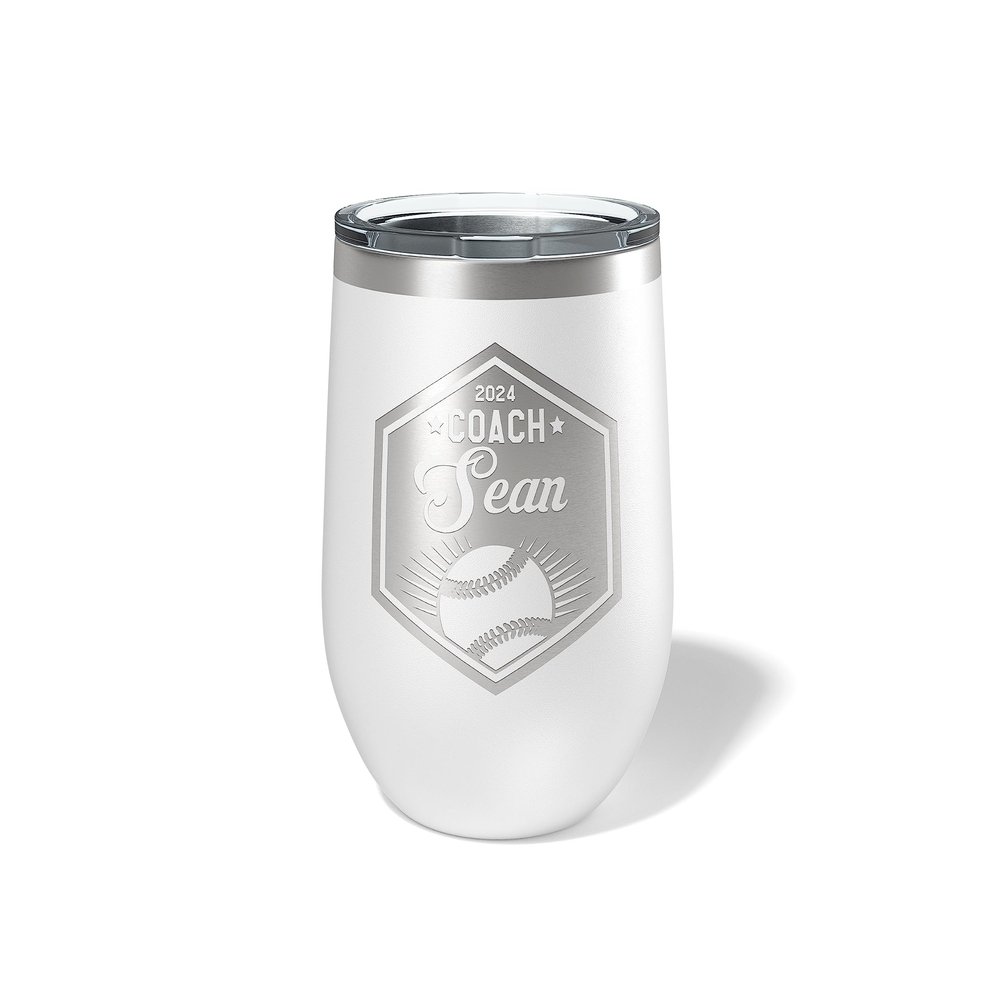 Alterd Industries Personalized Baseball Softball Coach Gift - insulated tumbler with lid, travel coffee mug, personalized stainless steel cups, 20 oz travel coffee cup, (12oz Wine Tumbler, White)
