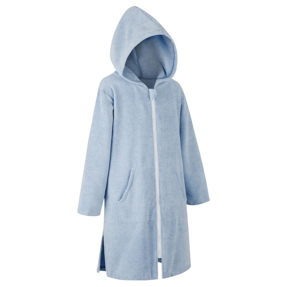 MissShorthair Hooded Towel Robe for Kid, Zipper Beach Cover Up, Swim Changing Robe for Boy, Girls Bath Towelling Poncho Light Blue 11-13 Years