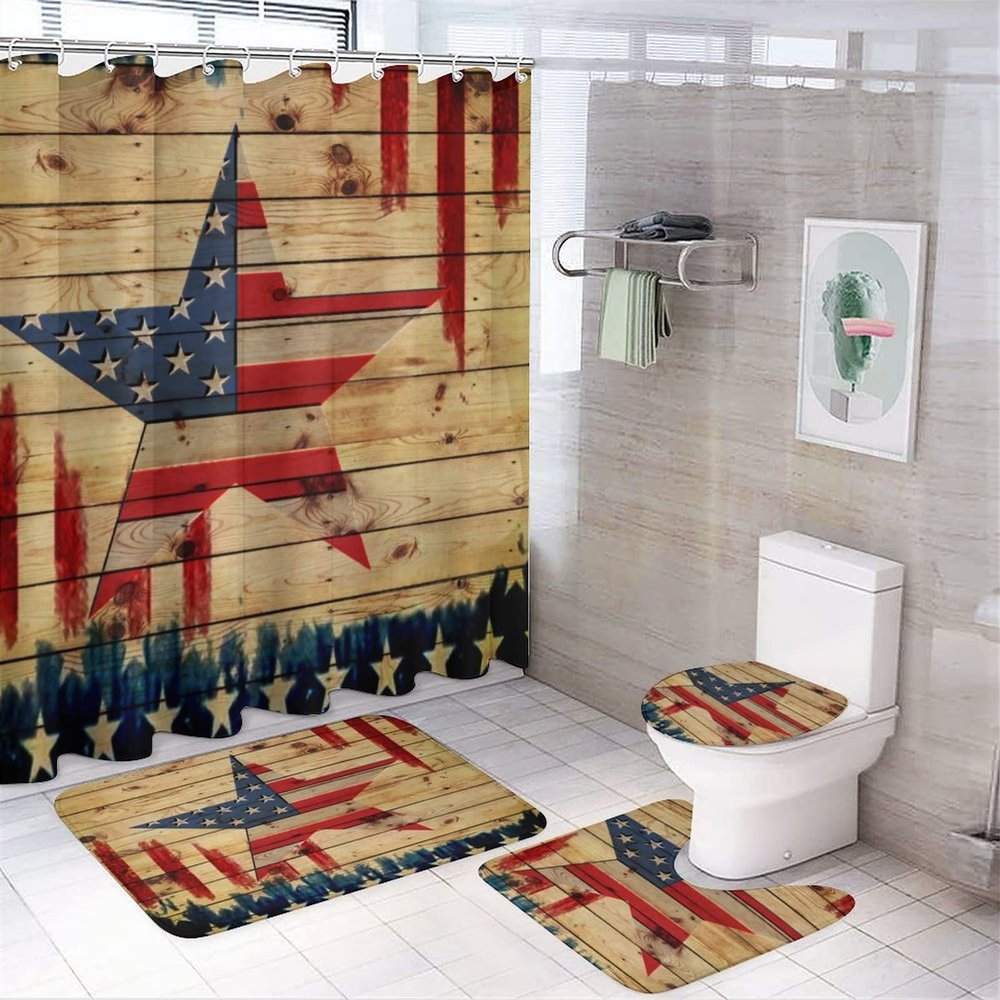 Kazynee American Flag Texas Shower Curtain Sets with Rugs 4 Piece Accessories Bathroom Curtains Shower Set Include Shower Curtain Non-Slip Rug Toilet Lid Cover Bath Mat One Size