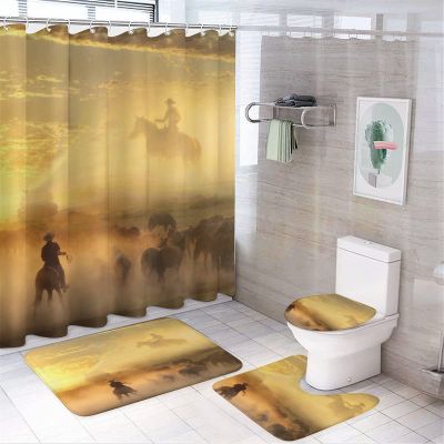 Kazynee Desert Cowboy Shower Curtain Sets with Rugs 4 Piece Accessories Bathroom Curtains Shower Set Include Shower Curtain Non-Slip Rug Toilet Lid Cover Bath Mat One Size