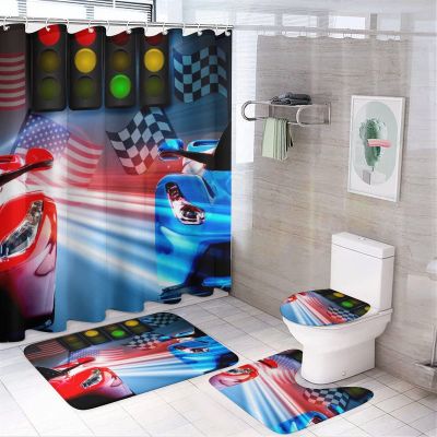 Kazynee Red Blue Racing Car 4 Piece Shower Curtain Sets, Non-Slip Rugs, Toilet Lid Cover and Bath Mat, Durable and Waterproof, for Bathroom Decor Set One Size