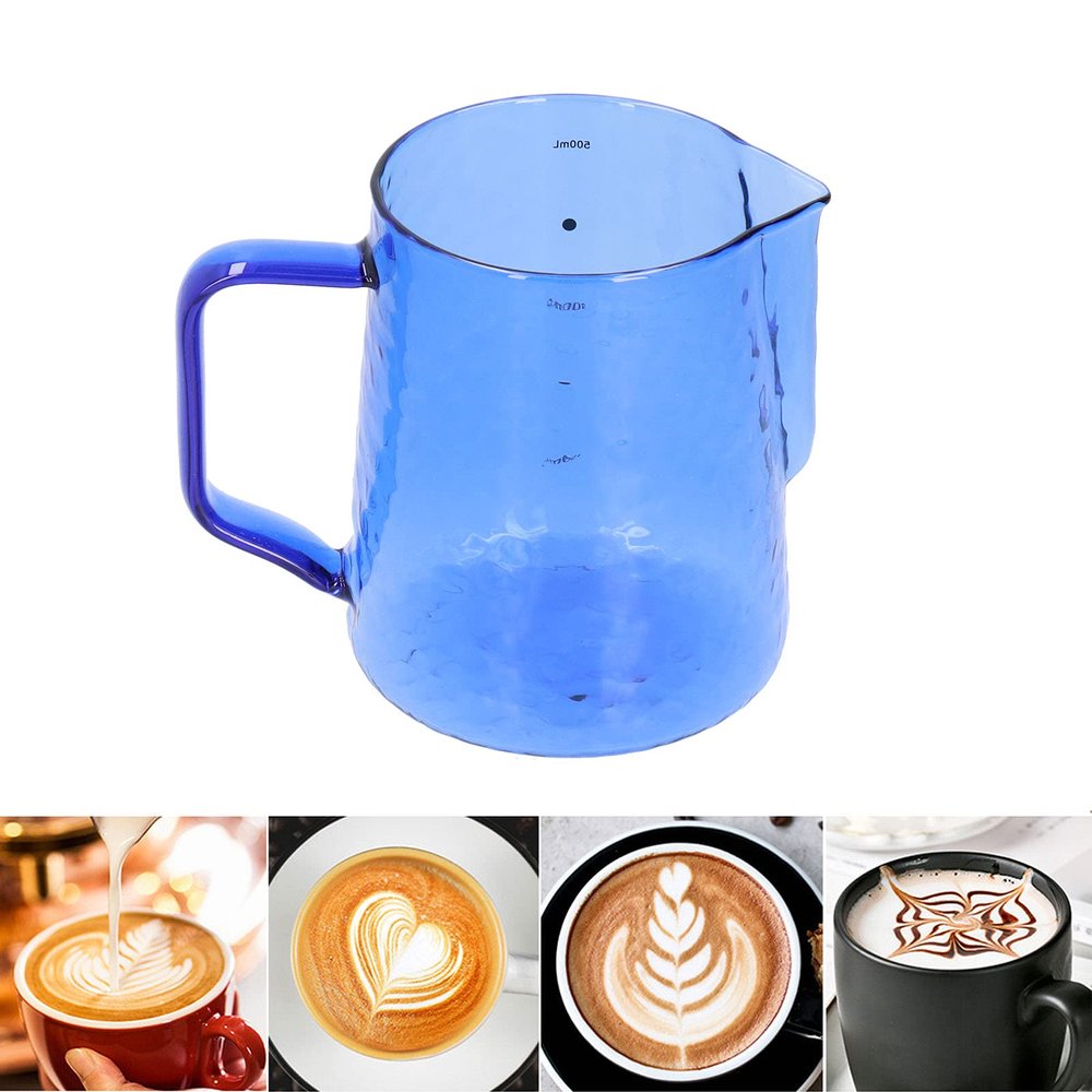 500ml Espresso Steaming Pitcher,Milk Frother Steamer Cup,Coffee Steaming Pitcher Milk Frothing Pitcher Multipurpose Borosilicate Glass Milk Jug for Coffee Milk(blue)
