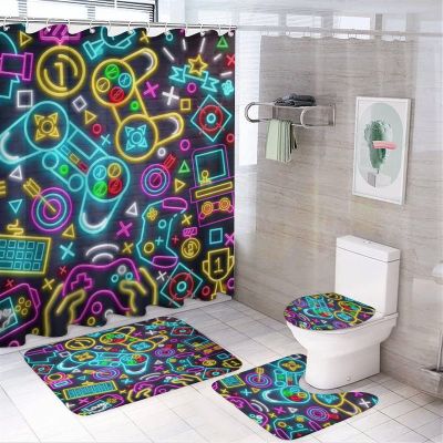 Kazynee Modern Gaming Neon 4 Piece Shower Curtain Sets, Non-Slip Rugs, Toilet Lid Cover and Bath Mat, Durable and Waterproof, for Bathroom Decor Set One Size