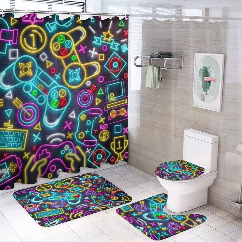 Kazynee Modern Gaming Neon 4 Piece Shower Curtain Sets, Non-Slip Rugs, Toilet Lid Cover and Bath Mat, Durable and Waterproof, for Bathroom Decor Set One Size