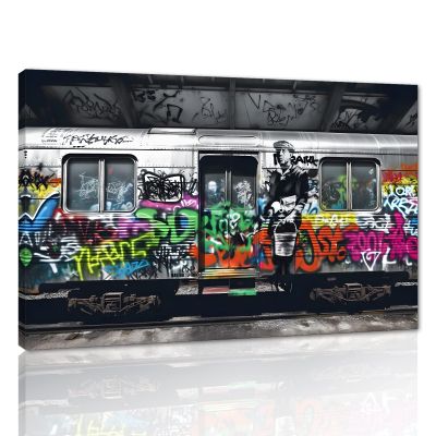 Funny Banksy Graffiti Street Wall Art Canvas Paintings Graffiti Bus Subway Artwork Modern Home Office Wall Decoration Pictures HD Print Wooden Framed Ready to Hang-44x28 inches