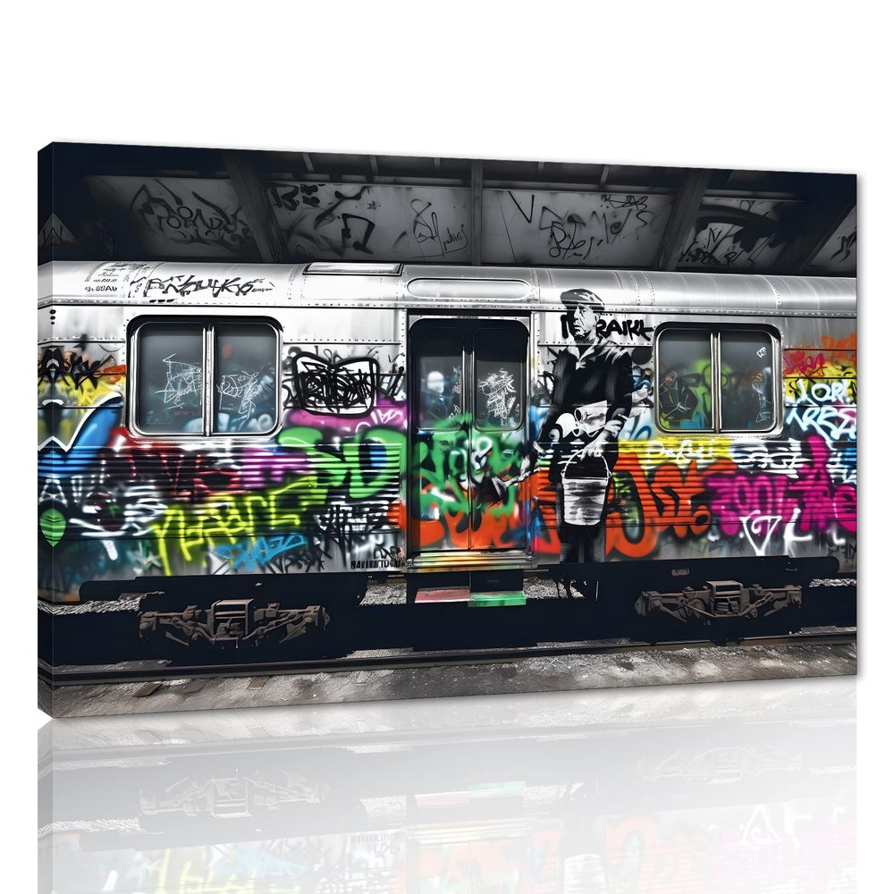 Funny Banksy Graffiti Street Wall Art Canvas Paintings Graffiti Bus Subway Artwork Modern Home Office Wall Decoration Pictures HD Print Wooden Framed Ready to Hang-44x28 inches