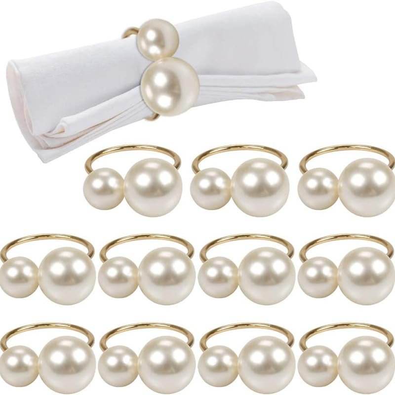 12PCS Pearl Napkin Rings, Washable Decorative Metal Napkin Ring Buckle Gold Napkin Holder Buckle for Wedding Party Banquet Christmas Dinner