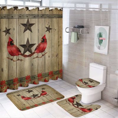 Kazynee Western Texas Star 4 Piece Shower Curtain Sets, Non-Slip Rugs, Toilet Lid Cover and Bath Mat, Durable and Waterproof, for Bathroom Decor Set One Size