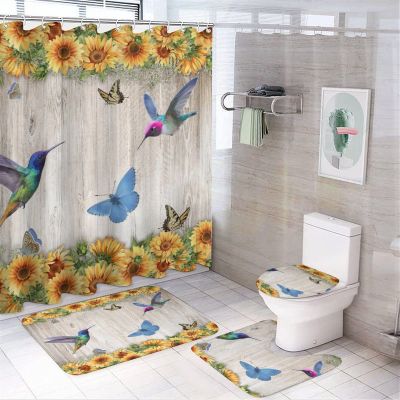 Kazynee Watercolor Floral Hummingbird 4 Piece Shower Curtain Sets, Non-Slip Rugs, Toilet Lid Cover and Bath Mat, Durable and Waterproof, for Bathroom Decor Set One Size