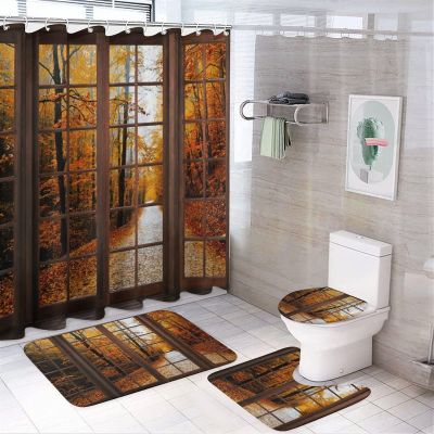 Kazynee Autumn Natural Scenery Shower Curtain Sets with Rugs 4 Piece Accessories Bathroom Curtains Shower Set Include Shower Curtain Non-Slip Rug Toilet Lid Cover Bath Mat One Size