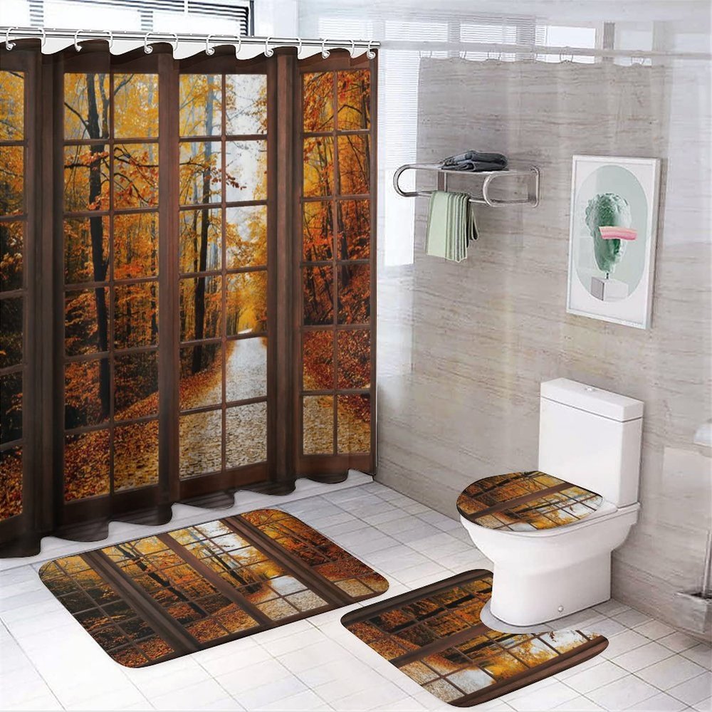 Kazynee Autumn Natural Scenery Shower Curtain Sets with Rugs 4 Piece Accessories Bathroom Curtains Shower Set Include Shower Curtain Non-Slip Rug Toilet Lid Cover Bath Mat One Size