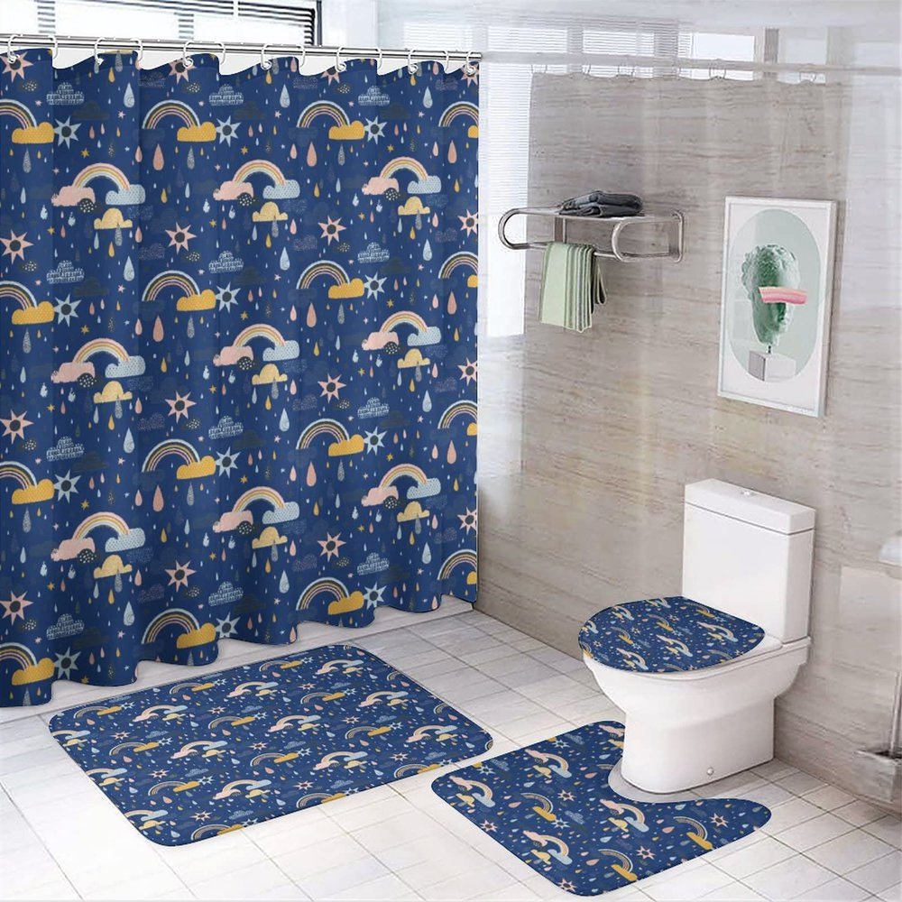 Kazynee Abstract Rainbow Kids 4 Piece Shower Curtain Sets, Non-Slip Rugs, Toilet Lid Cover and Bath Mat, Durable and Waterproof, for Bathroom Decor Set One Size