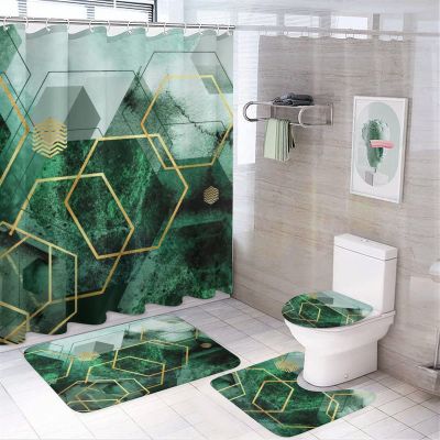 Kazynee Cool Green 4 Piece Shower Curtain Sets, Non-Slip Rugs, Toilet Lid Cover and Bath Mat, Durable and Waterproof, for Bathroom Decor Set One Size
