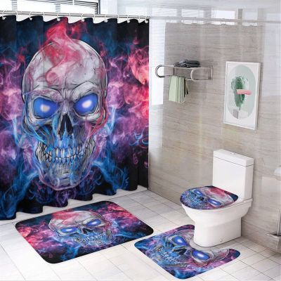 Kazynee Horror Cartoon Skull 4 Piece Shower Curtain Sets, Non-Slip Rugs, Toilet Lid Cover and Bath Mat, Durable and Waterproof, for Bathroom Decor Set One Size