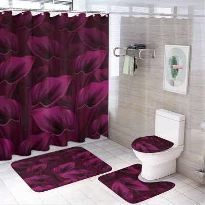 Kazynee Burgundy Flower 4 Piece Shower Curtain Sets, Non-Slip Rugs, Toilet Lid Cover and Bath Mat, Durable and Waterproof, for Bathroom Decor Set One Size