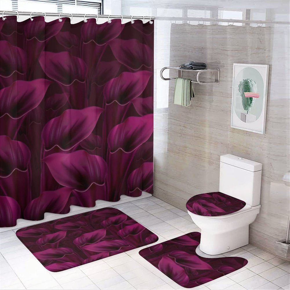Kazynee Burgundy Flower 4 Piece Shower Curtain Sets, Non-Slip Rugs, Toilet Lid Cover and Bath Mat, Durable and Waterproof, for Bathroom Decor Set One Size