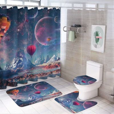Kazynee Fantasy Hot Air Balloon 4 Piece Shower Curtain Sets, Non-Slip Rugs, Toilet Lid Cover and Bath Mat, Durable and Waterproof, for Bathroom Decor Set One Size