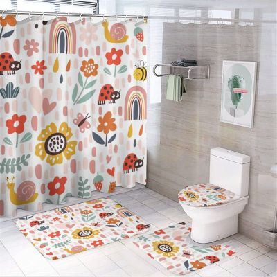 Vintage Cartoon Ladybug 4 Piece Shower Curtain Sets, Non-Slip Rugs, Toilet Lid Cover and Bath Mat, Durable and Waterproof, for Bathroom Decor Set One Size