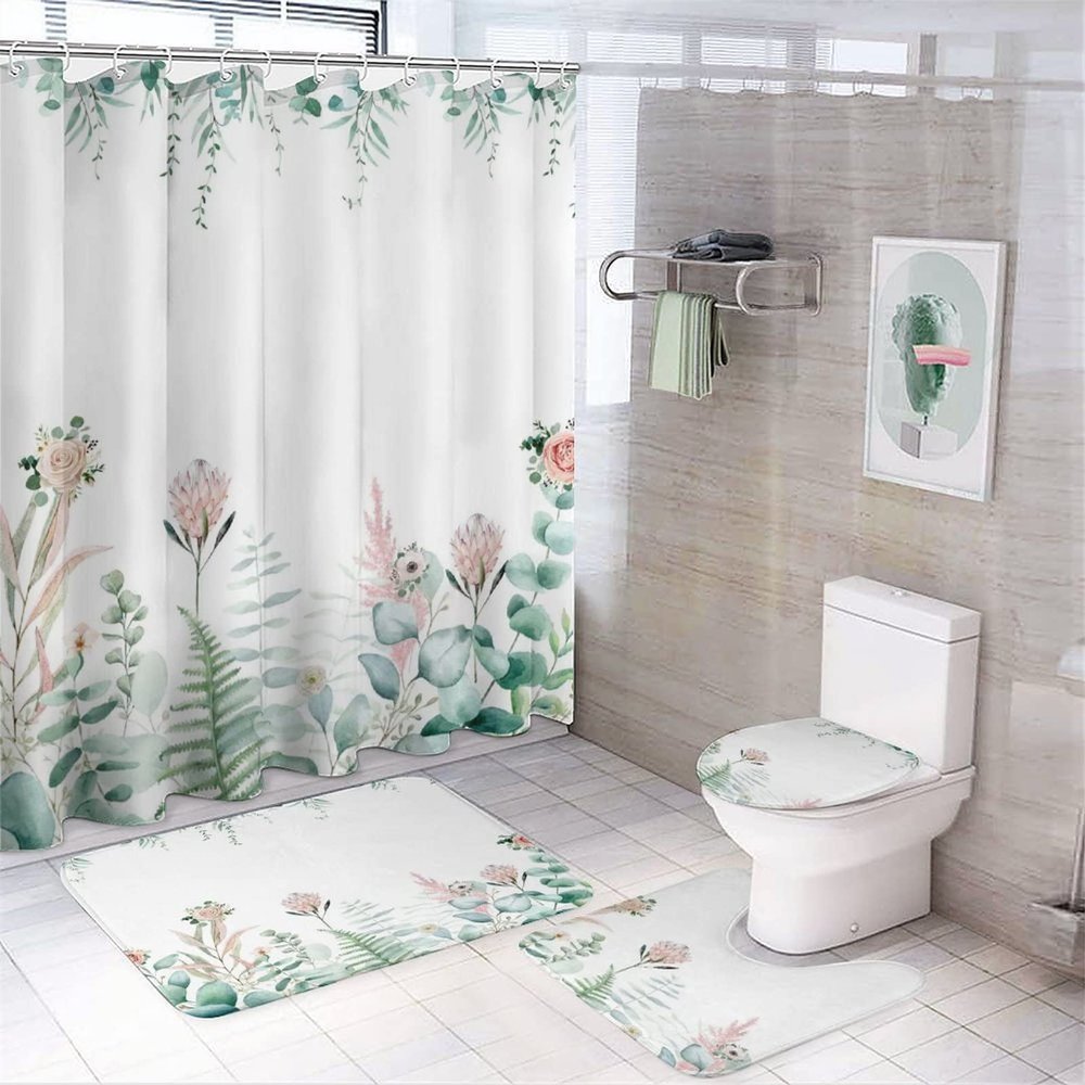 Kazynee Eucalyptus Green Leaves 4 Piece Shower Curtain Sets, Non-Slip Rugs, Toilet Lid Cover and Bath Mat, Durable and Waterproof, for Bathroom Decor Set One Size