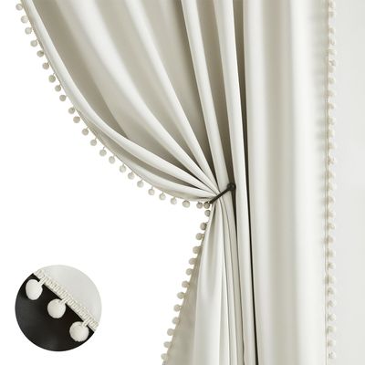Treatmentex Natural Blackout Curtains for Bedroom Living Room 84inch Long Iovry/Beige Pom Pom Curtain Panels for Windows Thermal Insulated Curtains for Kids Nursery Room Rod Pocket 52" W x 2pcs