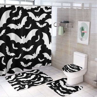 Kazynee Gothic Halloween Bat 4 Piece Shower Curtain Sets, Non-Slip Rugs, Toilet Lid Cover and Bath Mat, Durable and Waterproof, for Bathroom Decor Set One Size