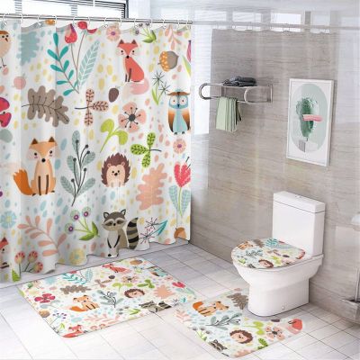 Kazynee Kids Cute Fox Colorful 4 Piece Shower Curtain Sets, Non-Slip Rugs, Toilet Lid Cover and Bath Mat, Durable and Waterproof, for Bathroom Decor Set One Size