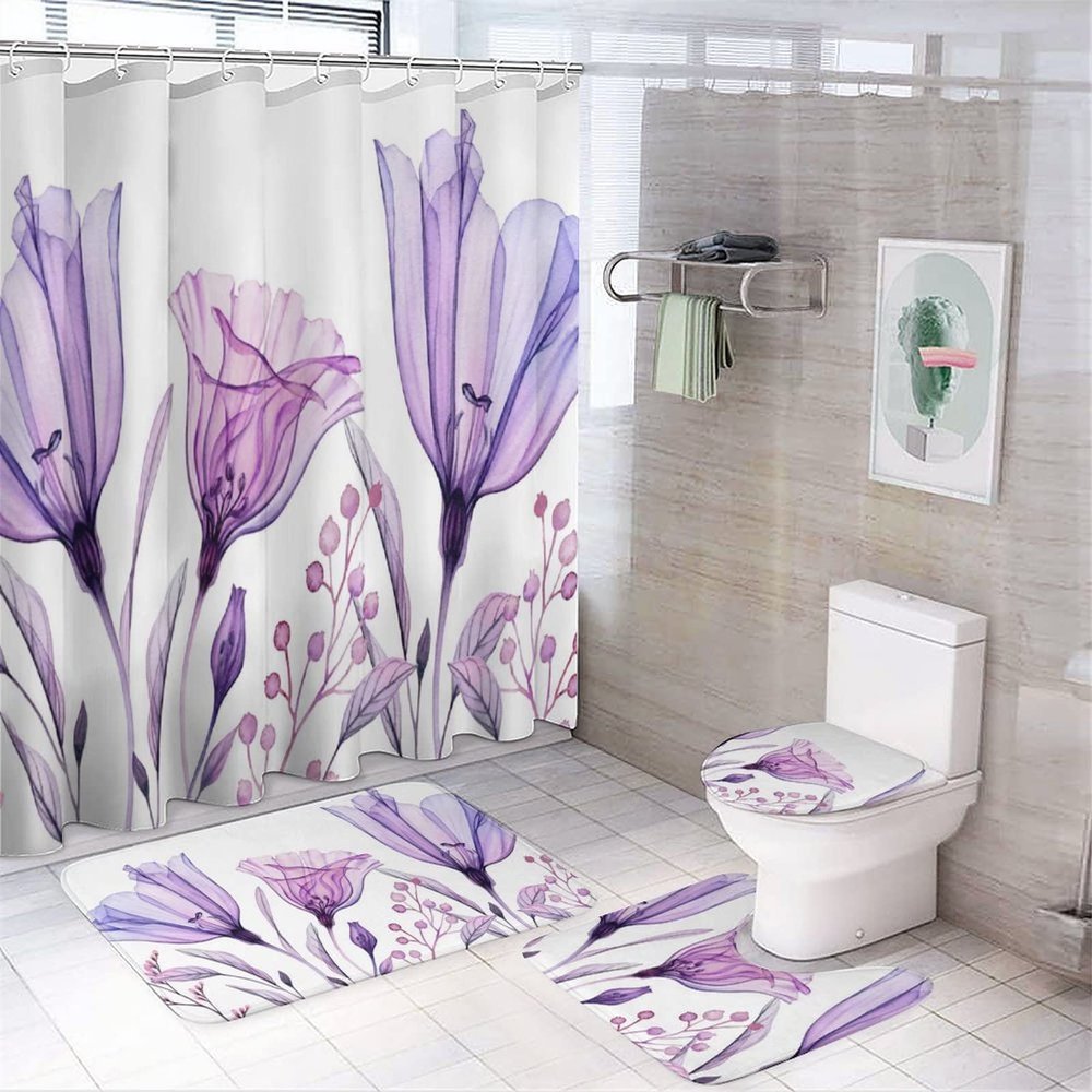 Kazynee Lavender Purple Flowers 4 Piece Shower Curtain Sets, Non-Slip Rugs, Toilet Lid Cover and Bath Mat, Durable and Waterproof, for Bathroom Decor Set One Size