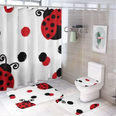 Kazynee Cute Red Ladybug 4 Piece Shower Curtain Sets, Non-Slip Rugs, Toilet Lid Cover and Bath Mat, Durable and Waterproof, for Bathroom Decor Set One Size
