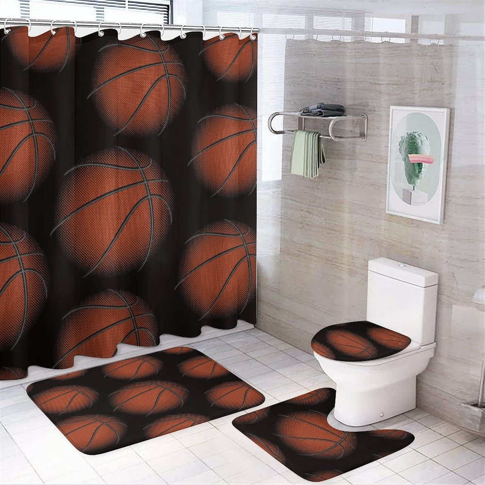Kazynee Teens Sports Basketball Shower Curtain Sets with Rugs 4 Piece Accessories Bathroom Curtains Shower Set Include Shower Curtain Non-Slip Rug Toilet Lid Cover Bath Mat One Size