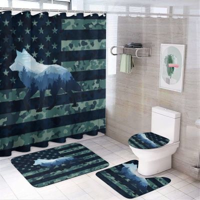 Kazynee Camouflage Wild Animal Wolf 4 Piece Shower Curtain Sets, Non-Slip Rugs, Toilet Lid Cover and Bath Mat, Durable and Waterproof, for Bathroom Decor Set One Size