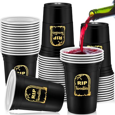 Rtteri 48 Pack Death to My 20s Decorations 16 oz Rip to My 20s Cups 30th Birthday Decorations for Him Black and Gold Disposable Party Thick Plastic Twenties Birthday Cups for Women