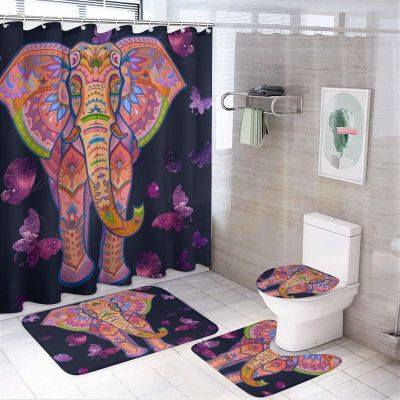 Kazynee Abstract Elephant 4 Piece Shower Curtain Sets, Non-Slip Rugs, Toilet Lid Cover and Bath Mat, Durable and Waterproof, for Bathroom Decor Set One Size