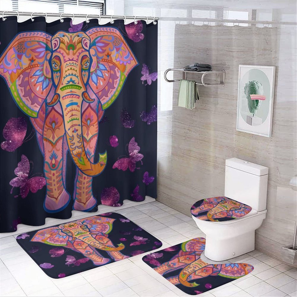 Kazynee Abstract Elephant 4 Piece Shower Curtain Sets, Non-Slip Rugs, Toilet Lid Cover and Bath Mat, Durable and Waterproof, for Bathroom Decor Set One Size