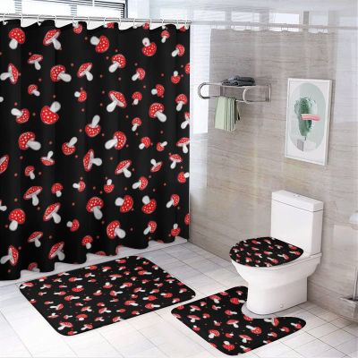 Kazynee Kids Cute Mushroom 4 Piece Shower Curtain Sets, Non-Slip Rugs, Toilet Lid Cover and Bath Mat, Durable and Waterproof, for Bathroom Decor Set One Size