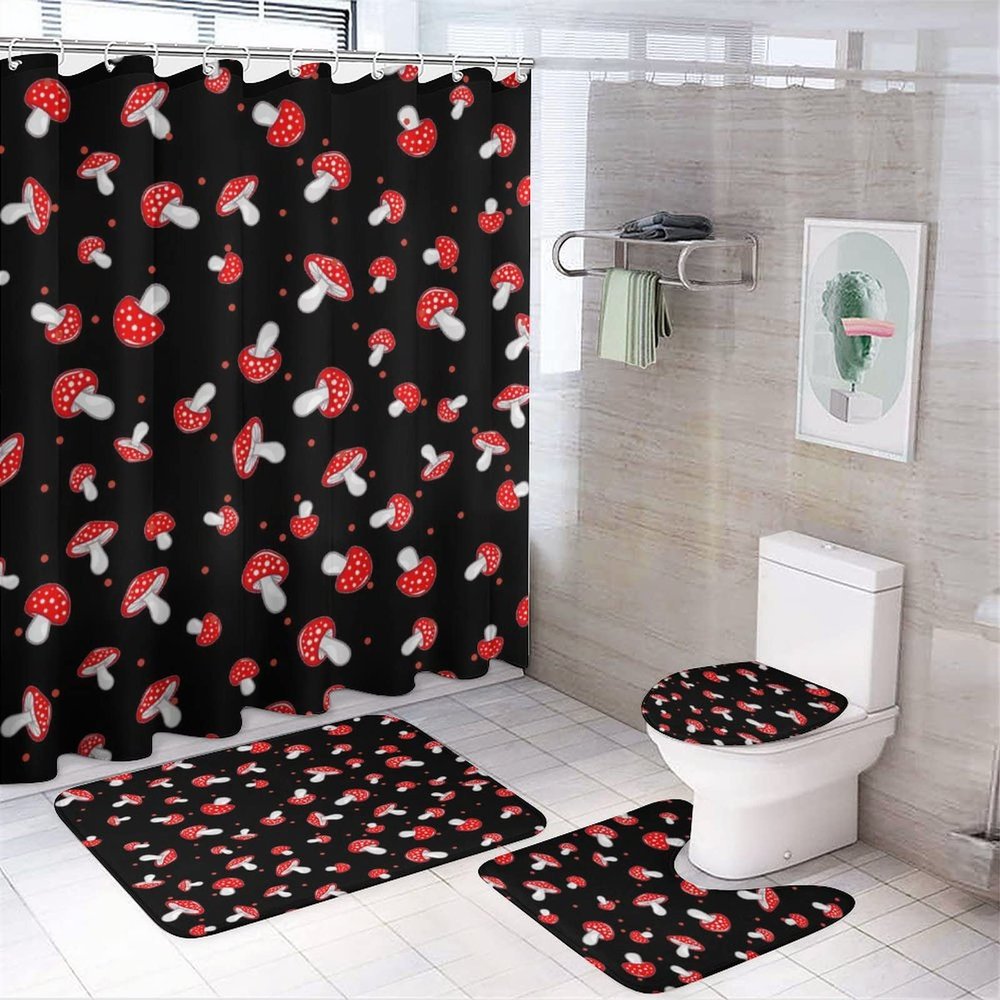 Kazynee Kids Cute Mushroom 4 Piece Shower Curtain Sets, Non-Slip Rugs, Toilet Lid Cover and Bath Mat, Durable and Waterproof, for Bathroom Decor Set One Size