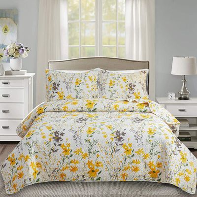 Floral Quilt Sets Twin Size Reversible Countryside Bedspread Coverlets Lightweight Yellow Flower Quilt Green Leaves Bed Covers for All Season,1 Quilt +2 Pillow Shams