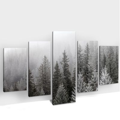 5Pcs Nature Canvas Wall Art for Living Room Wall Decor, Foggy Snowy-Forest Landscape Pictures for Bedroom Decoration, Wooden Framed Wildness Winter Prints Paintings Decorations for Office Bathroom