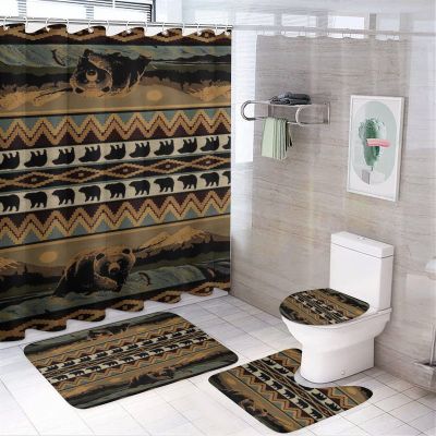 Kazynee Vintage Farmhouse Bear 4 Piece Shower Curtain Sets, Non-Slip Rugs, Toilet Lid Cover and Bath Mat, Durable and Waterproof, for Bathroom Decor Set One Size